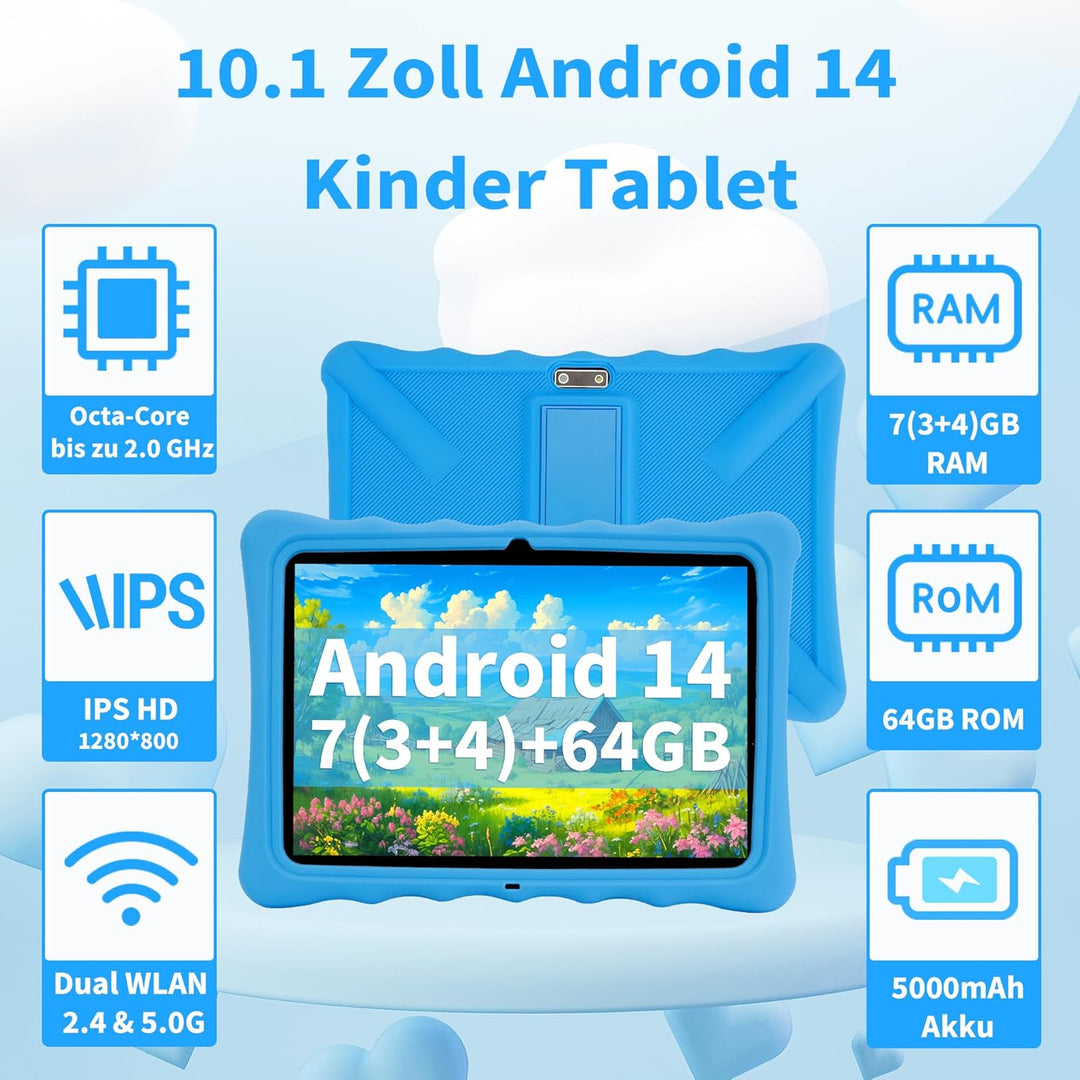 Veidoo Kinder-Tablet – 25,7 cm (10,1 Zoll) IPS-Augenpflege-Bildschirm, 7 GB (3 + 4) RAM, 64 GB ROM 5