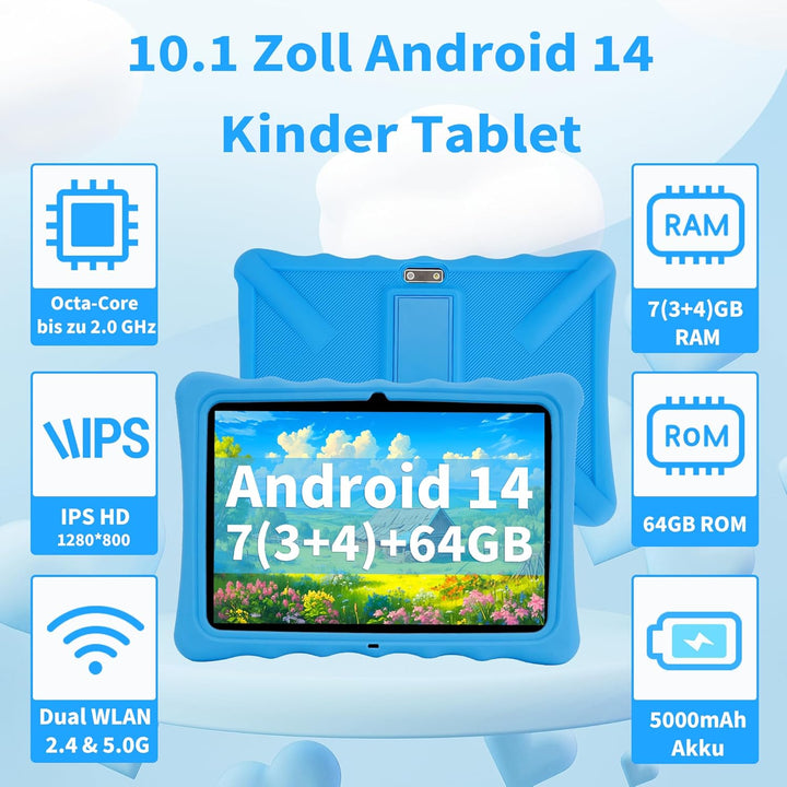 Veidoo Kinder-Tablet – 25,7 cm (10,1 Zoll) IPS-Augenpflege-Bildschirm, 7 GB (3 + 4) RAM, 64 GB ROM 5