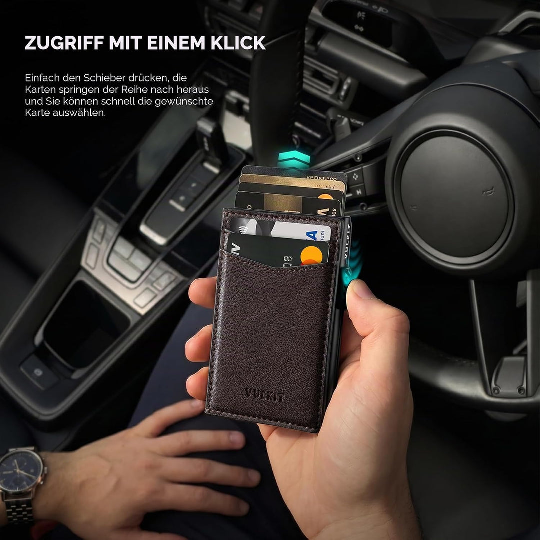 VULKIT Kreditkartenetui Leder Kartenetui RFID Blocking Automatische Pop Up Visitenkartenetui für Kar
