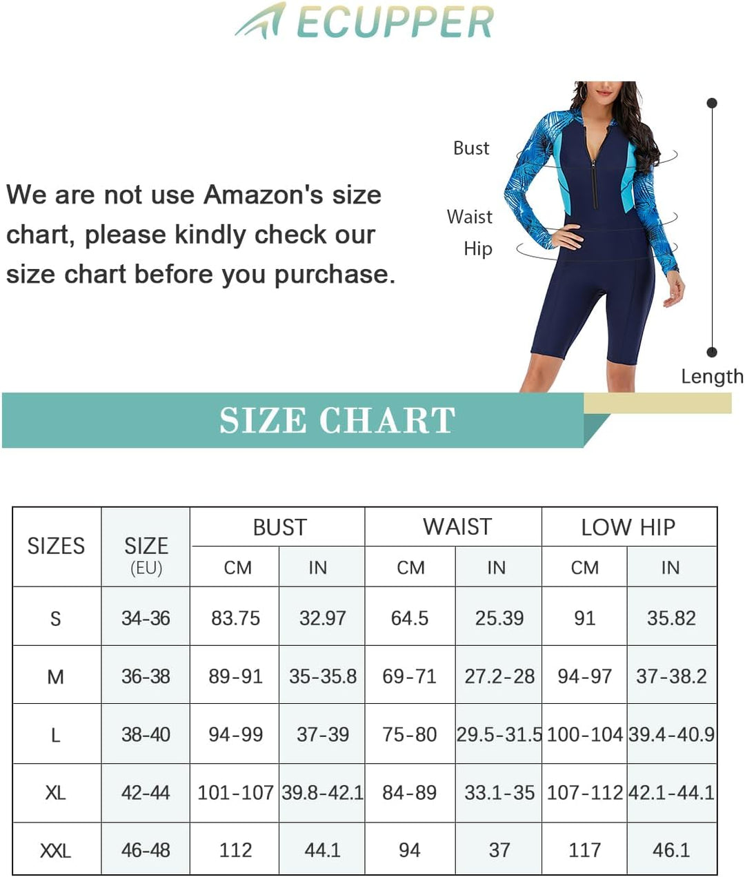 Ecupper Damen Badeanzug Einteiler Rash Guard Zip Up Lange Ärmel Surfen Bademode Gebaut in BH Badeanz