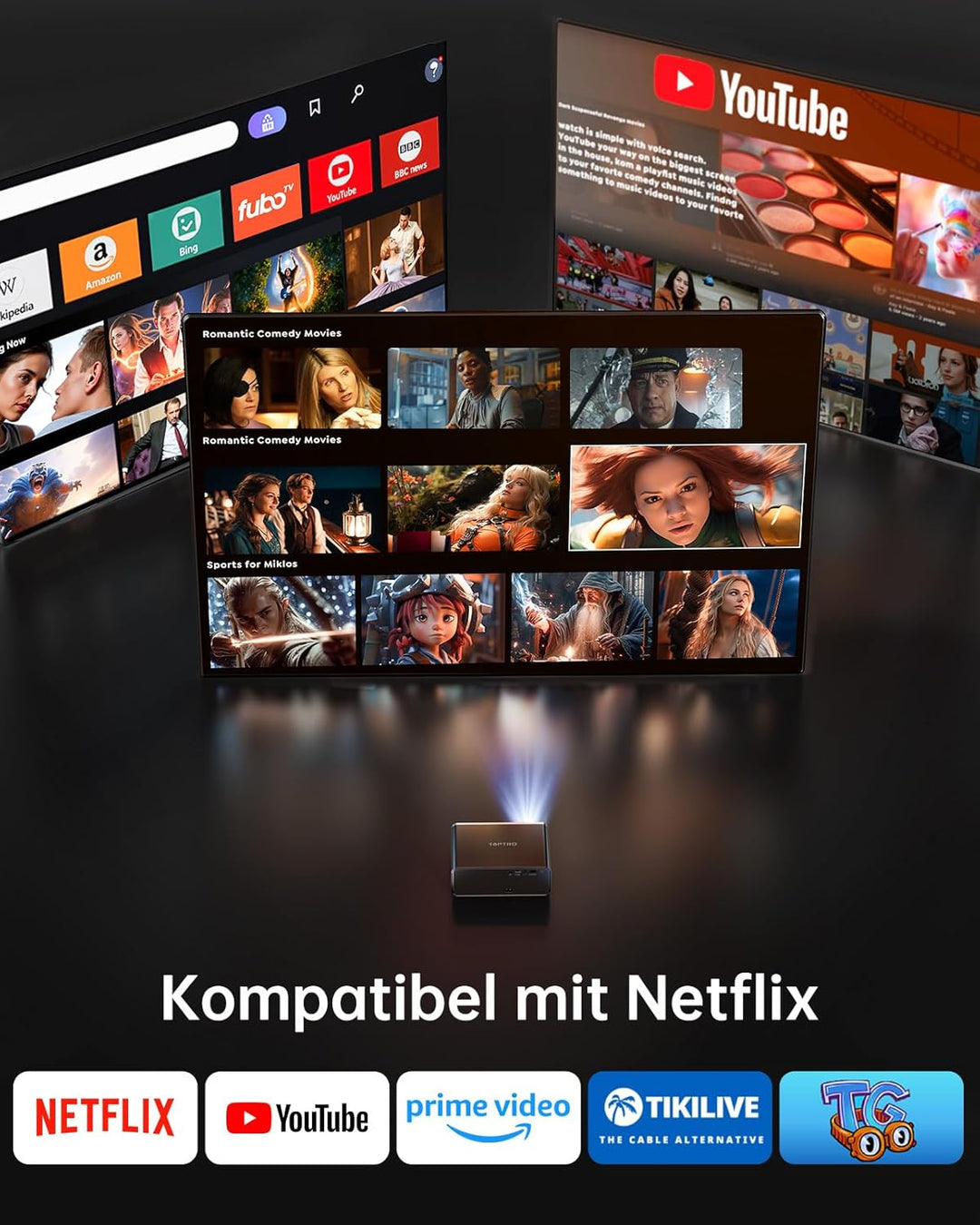 Smart Beamer 4K - [Kompatibel mit Netflix & Dolby Audio] 1000 ANSI Autofokus & 6D Trapezkorrektur, T