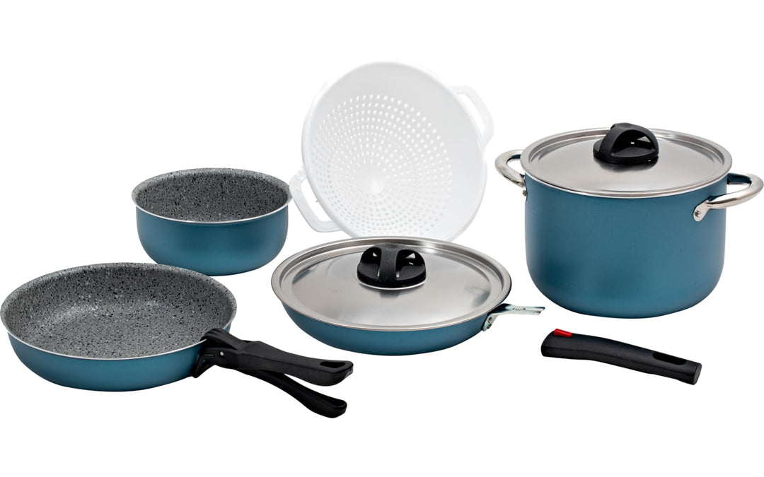 BERGER Stone Topfset 8-teilig | Camping Topf & Pfannenset aus Aluminium mit Antihaftbeschichtung & a