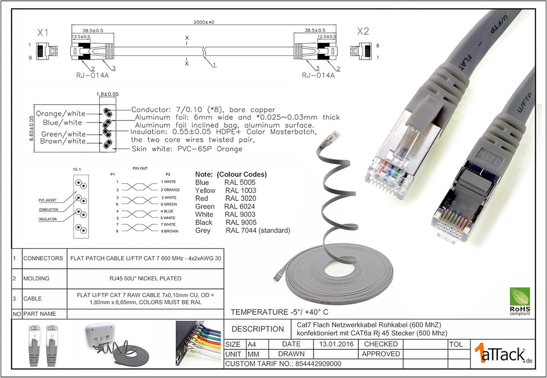 2m - rot - 10 Stück CAT.7 Gigabit Ethernet LAN Flachband Flachbandkabel (RJ45) Netzwerkkabel Rohkabe