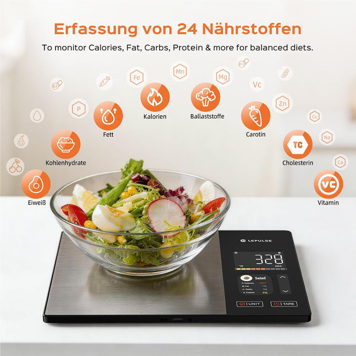 Küchenwaage Digitale mit Nährwertberechnung, smart vita ernährungswaage | Lebensmittelwaage mit 24 N