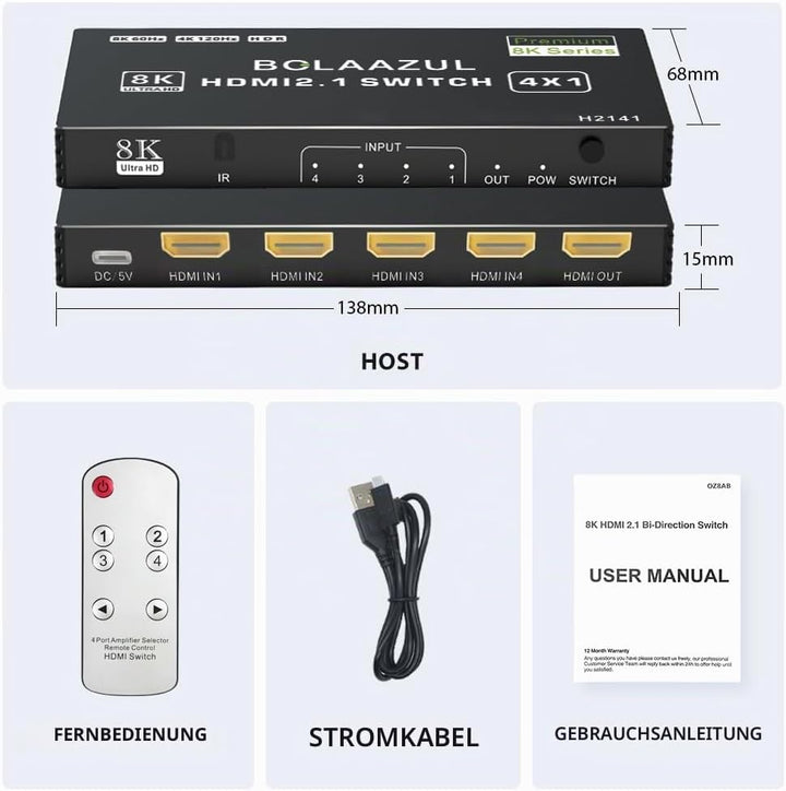 Bolaazul 8K@60Hz HDMI 2.1 Splitter Switcher Box 4-Port mit IR Fernbedienung 4K@120Hz 2K@144Hz, HDR,