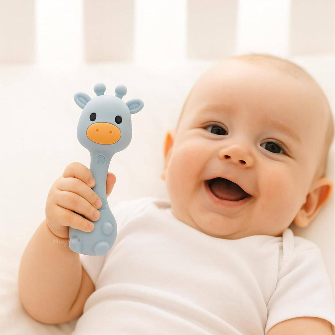 MuyPe Rassel Giraffe und Beissring für Babys (Giraffe Blau), Giraffe Blau