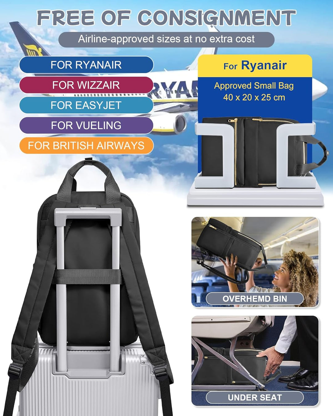Reiserucksack Schwarz Damen Ryanair Handgepäck 40x20x25 Rucksack Handgepäck Flugzeug Rucksack 40x20x