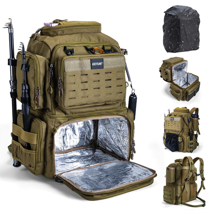 Goture Doppelstöckiger Angelrucksack – 53L wasserdichte Angelgerätetasche mit Exklusivem Fachkonzept