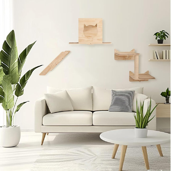 Set von Wandregalen für Katzen, mit Haus, Sisal-Kratzbaum, Kletterstufen, aus massivem Holz, für den