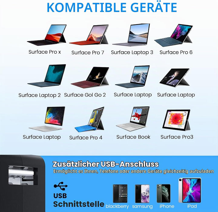 Microsoft Surface Ladekabel 65W für Surface Pro 10/9/8/7+/7/6/5/4/3/X