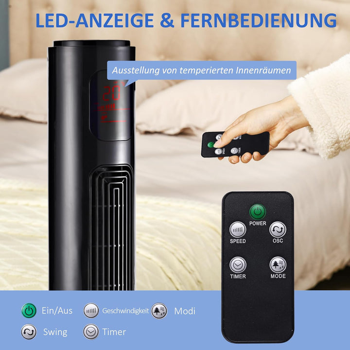 HOMCOM Turmventilator mit Fernbedienung 70° oszillierender 96 cm Standventilator Säulenventilator 45