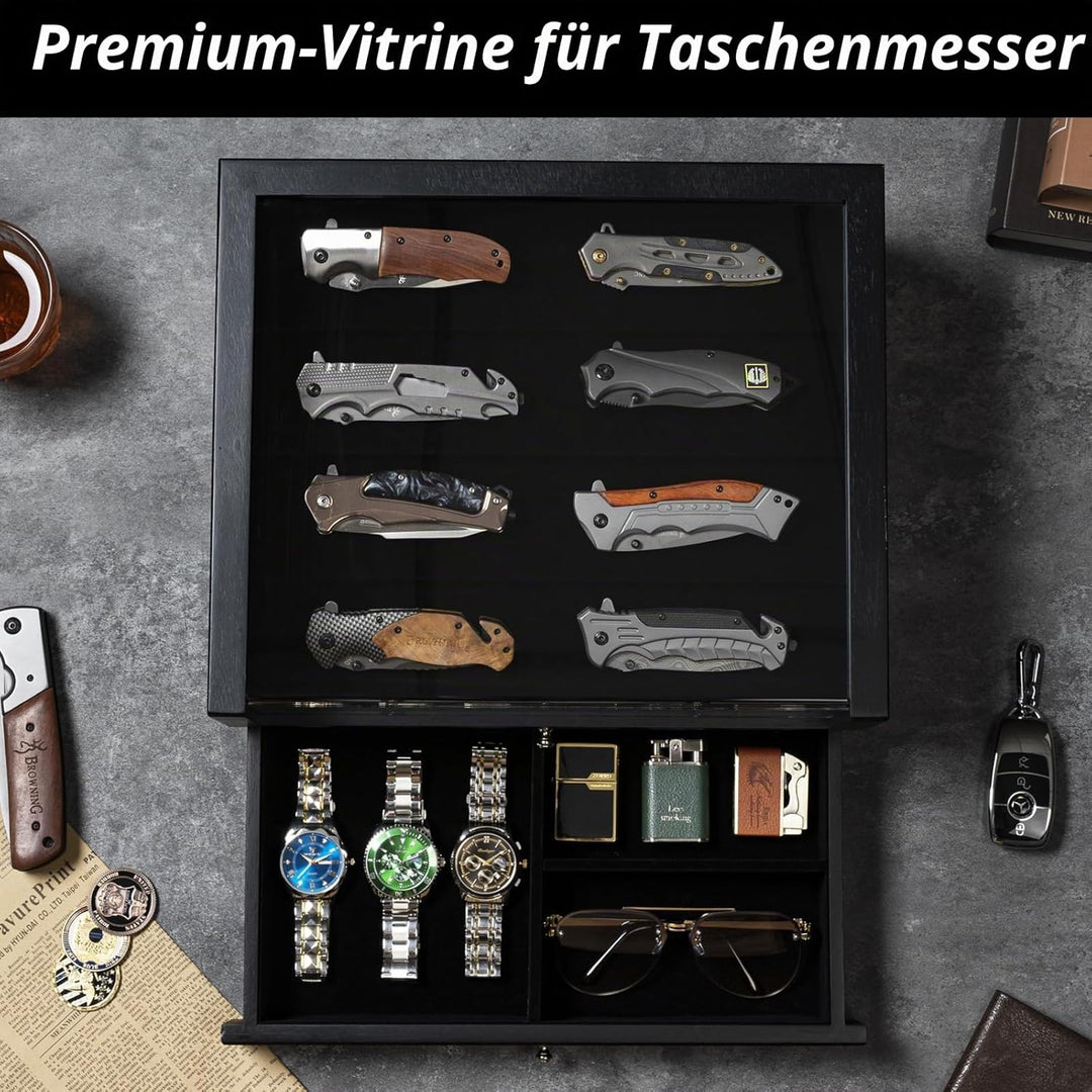 2 Etagen Messerhalter, Holz Messerständer, Messer Vitrine mit Schublade und Hochauflösendem Glas, Sa