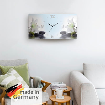 ARTLAND Wanduhr ohne Tickgeräusche Alu Funkuhr 60x30 cm Rechteckig Lautlos Blumen Lilien Spa Steine