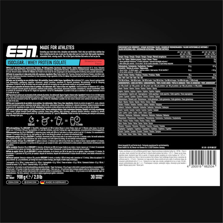 ESN ISOCLEAR Whey Isolate Protein Pulver, Strawberry Lime, 908 g, Proteinlimo mit fruchtig leckerem