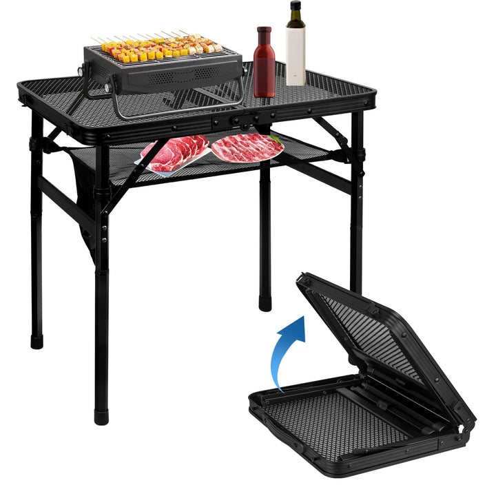 MSDADA Klappbarer Grilltisch, Höhenverstellbarer Aluminiumtisch mit Netz-Desktop und Netztasche, Tra