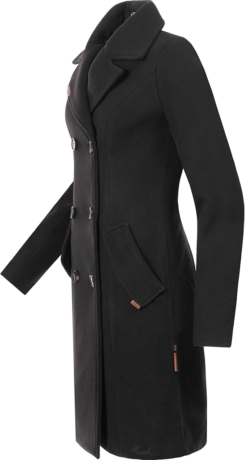 MARIKOO Damen Mantel in Wollmantel-Optik langer Trenchcoat mit Reversekragen Nanakoo XS-5XL 3XL Schw