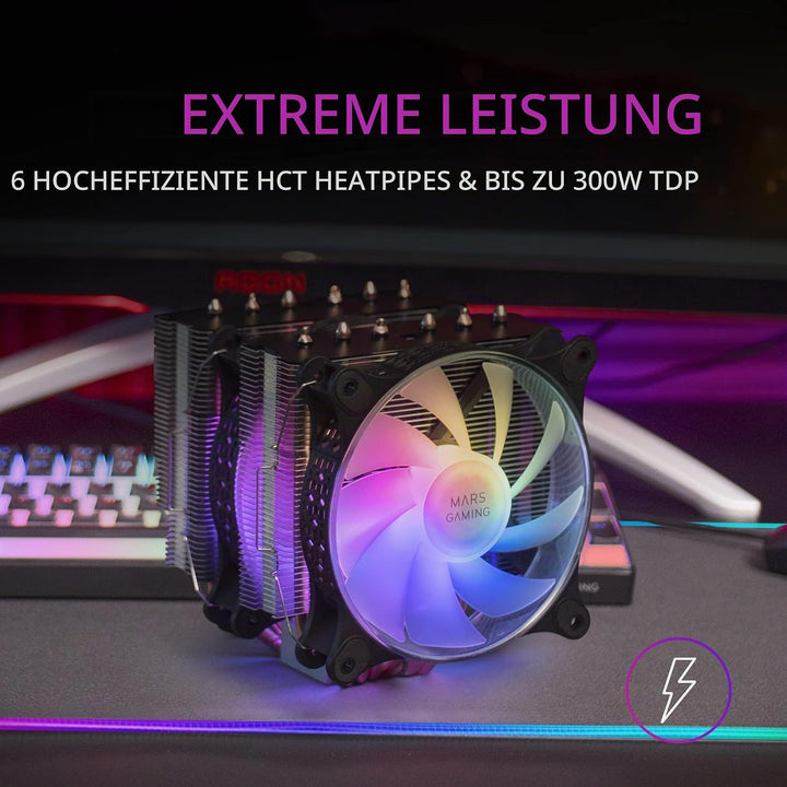 Mars Gaming MCPU-XT Schwarz, CPU Kühlkörper, Dual Tower Kühlung, 6 HCT Heatpipes, TDP 300W, 2 ARGB P