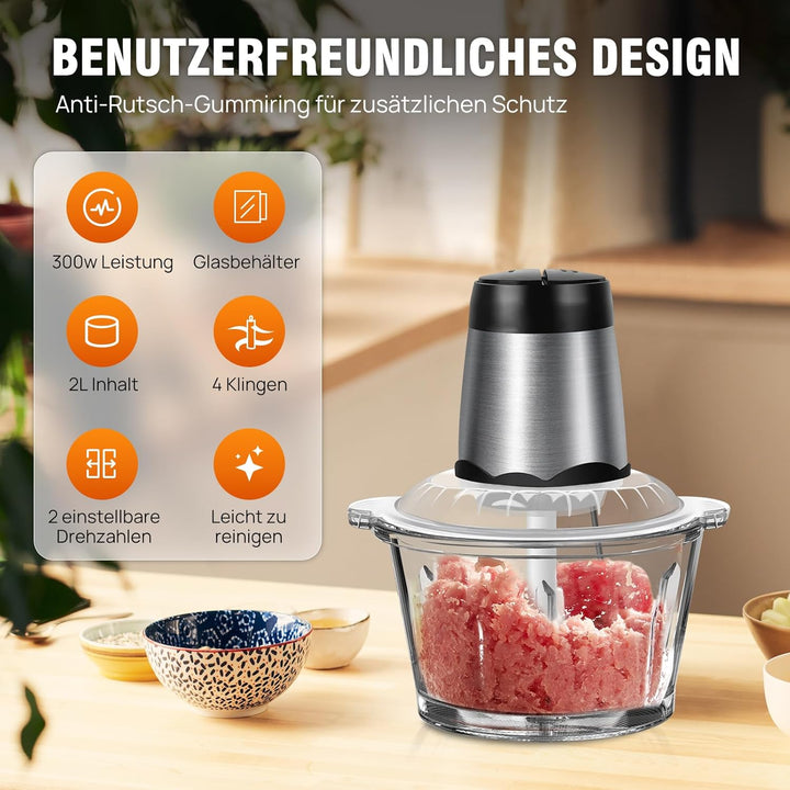 Kitchen Pro 2L Mini-Zerkleinerer mit Glasschale - Mini-Universalzerkleinerer mit Edelstahlklingen -