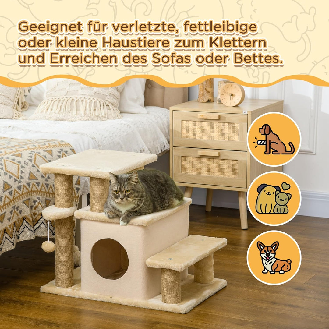 PawHut Hundetreppe 3/4 Stufen 66 cm Hoch Haustiertreppe mit Schlafhöhle, Rampe, Sipielball, Katzentr