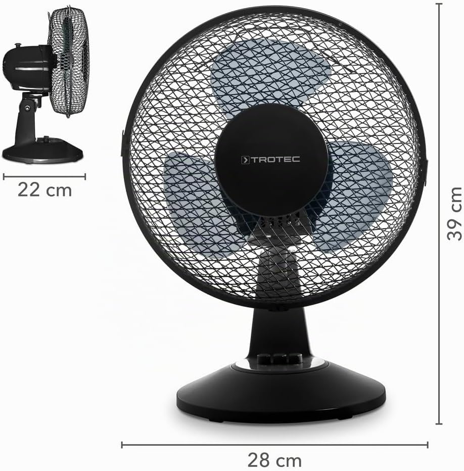 TROTEC Tischventilator TVE 11, geräuscharmer Ventilator, 25 Watt, 2 Gebläsestufen, 80°-Oszillation,