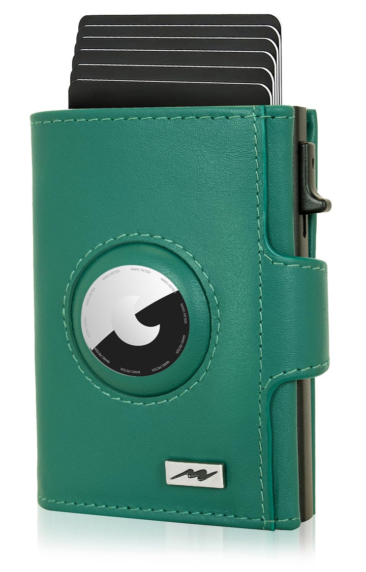Marc Peter® Chicago Blaugrün Leder Push Air Slim Wallet | Airtag Geldbörse mit Münzfach | kleines Mi