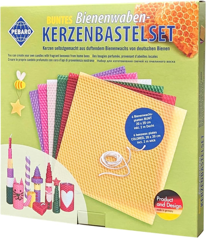 Pebaro WACHS-SET 3, Bienenwaben-Kerzenbastelset BUNT, Kerzen basteln, Bastelset inkl. Anleitung, 6 b