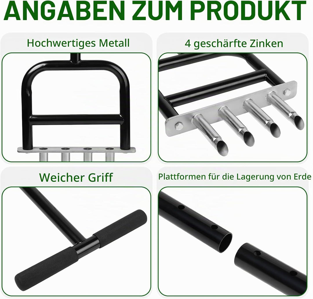 lalago Rasenlüfter Manuell 4 Kerne, Handvertikutierer 93CM, Rasen Belüften Hohlzinken Aerifiziergabe