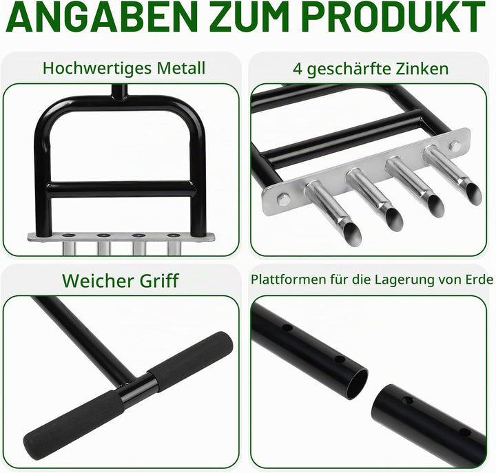 lalago Rasenlüfter Manuell 4 Kerne, Handvertikutierer 93CM, Rasen Belüften Hohlzinken Aerifiziergabe