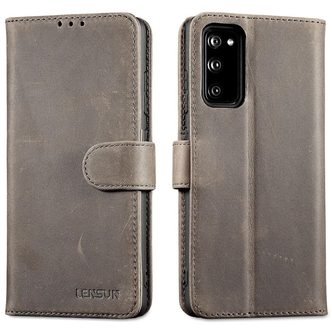 LENSUN Lederhülle für Samsung Galaxy S20 FE, Echtleder Hülle [Bookstyle][RFID Blocker][Echtes Leder]