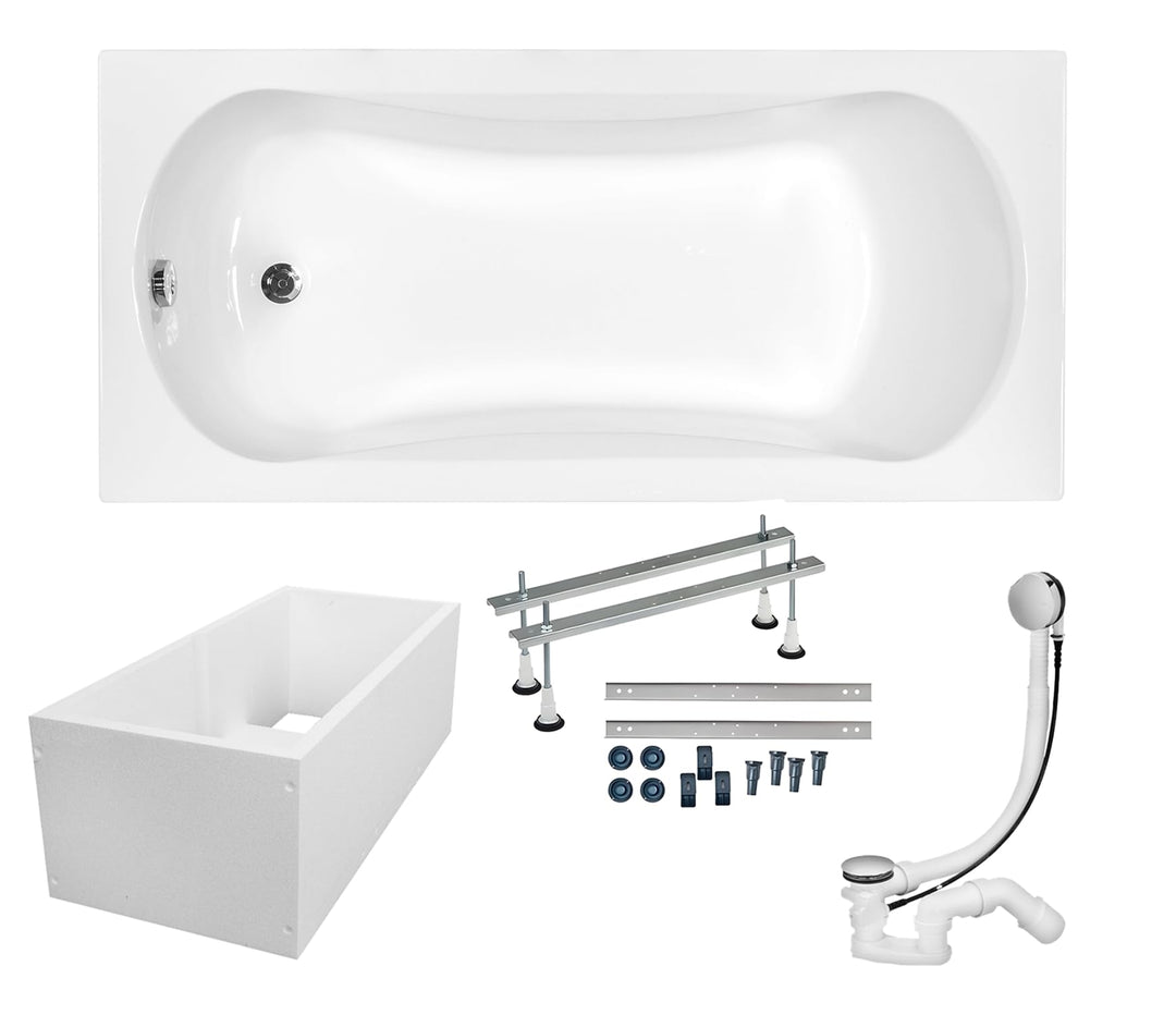 KOLMAN Badewanne ARIA Rechteck 150x70 mit Wannenträger, Ablaufgarnitur und Füssen Komplettset 4in1 P