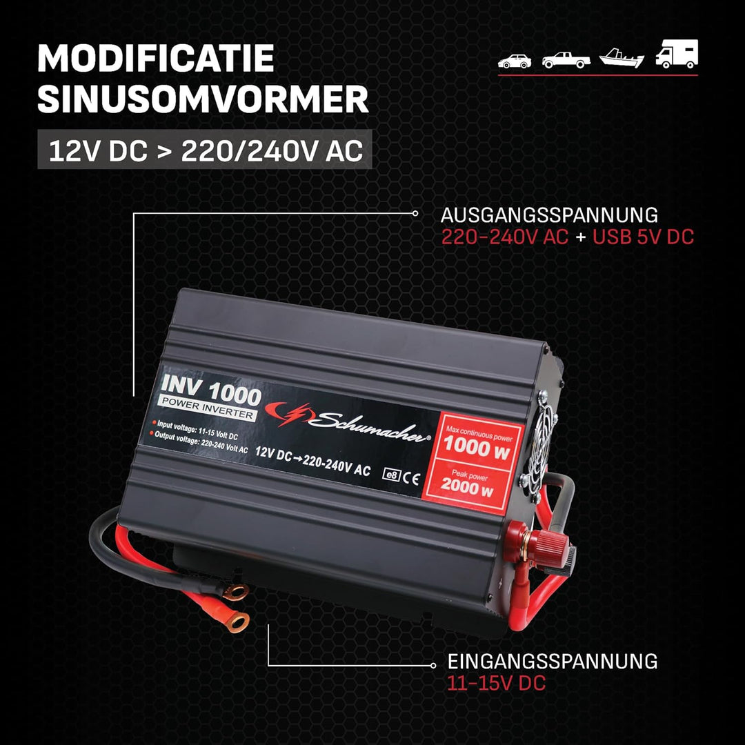 Schumacher INV 1000 Spannungswandler Modifizierter Sinus-Wechselrichter 12V DC > 230V AC - Dauerleis