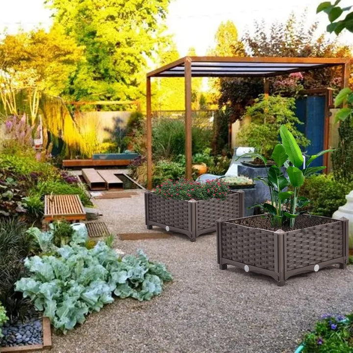 Mingone Blumentopf Rattan Optik aus Kunststoff Blumenkasten Balkonkasten mit Wasserspeicher Pflanzka