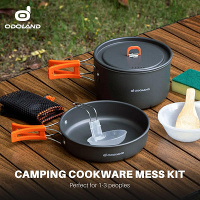 Odoland Camping Kochgeschirr Set, 9-Teilig Outdoor Geschirr Set mit Camping Topf, Camping Bratpfanne