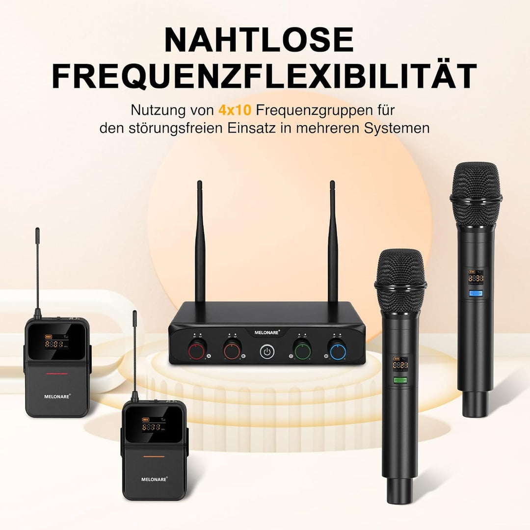 Kabelloses UHF-Mikrofonsystem mit 4 x 10 Frequenzen, 200 Fuss, 2 dynamischen Handmikrofonen, 2 Bodyp
