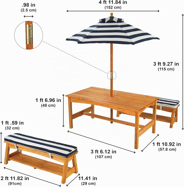 KidKraft Gartentisch mit Bank, Kissen und Sonnenschirm für Kinder, Outdoor Gartenmöbel aus Holz für