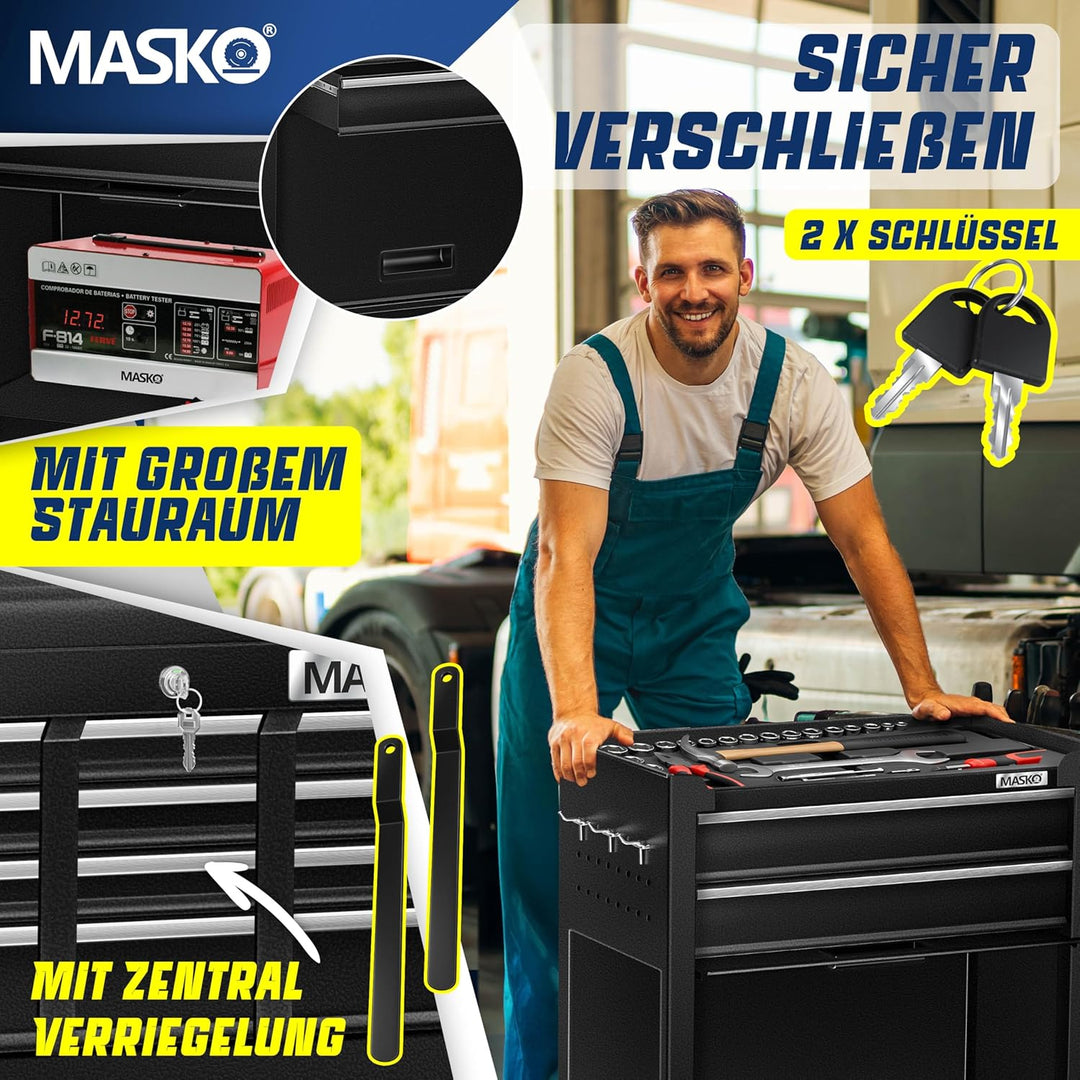 MASKO® Werkstattwagen inkl. Koffer - 9 Fächer Abschliessbar | Massives Metall | Mobiler Werkzeug-Wag