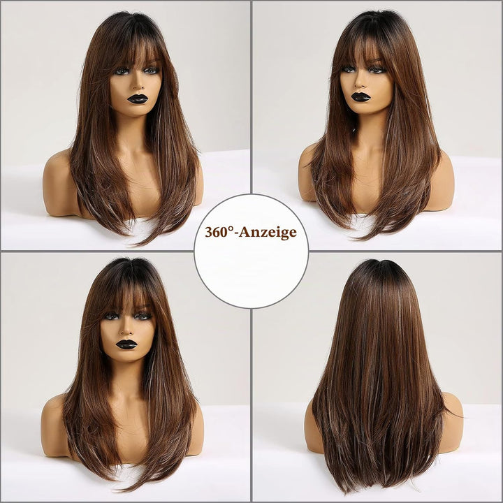 HAIRCUBE Lange Braune Perücken für Damen, Synthetische Perücken mit Pony Hitzebeständige Perücken Sc