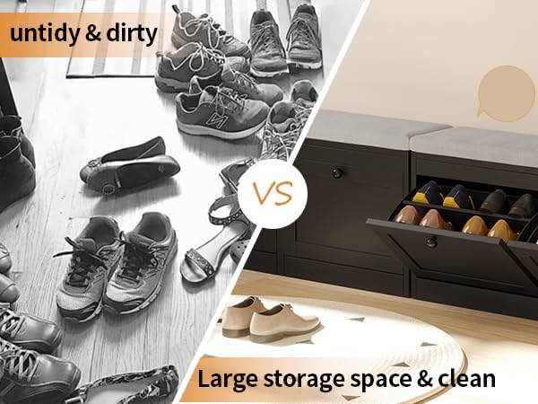VOWNER Schuhschrank mit 2 Klappen, Schuhregal Schuhkipper Schmal, Sitzbank mit Sitzkissen, Verstellb