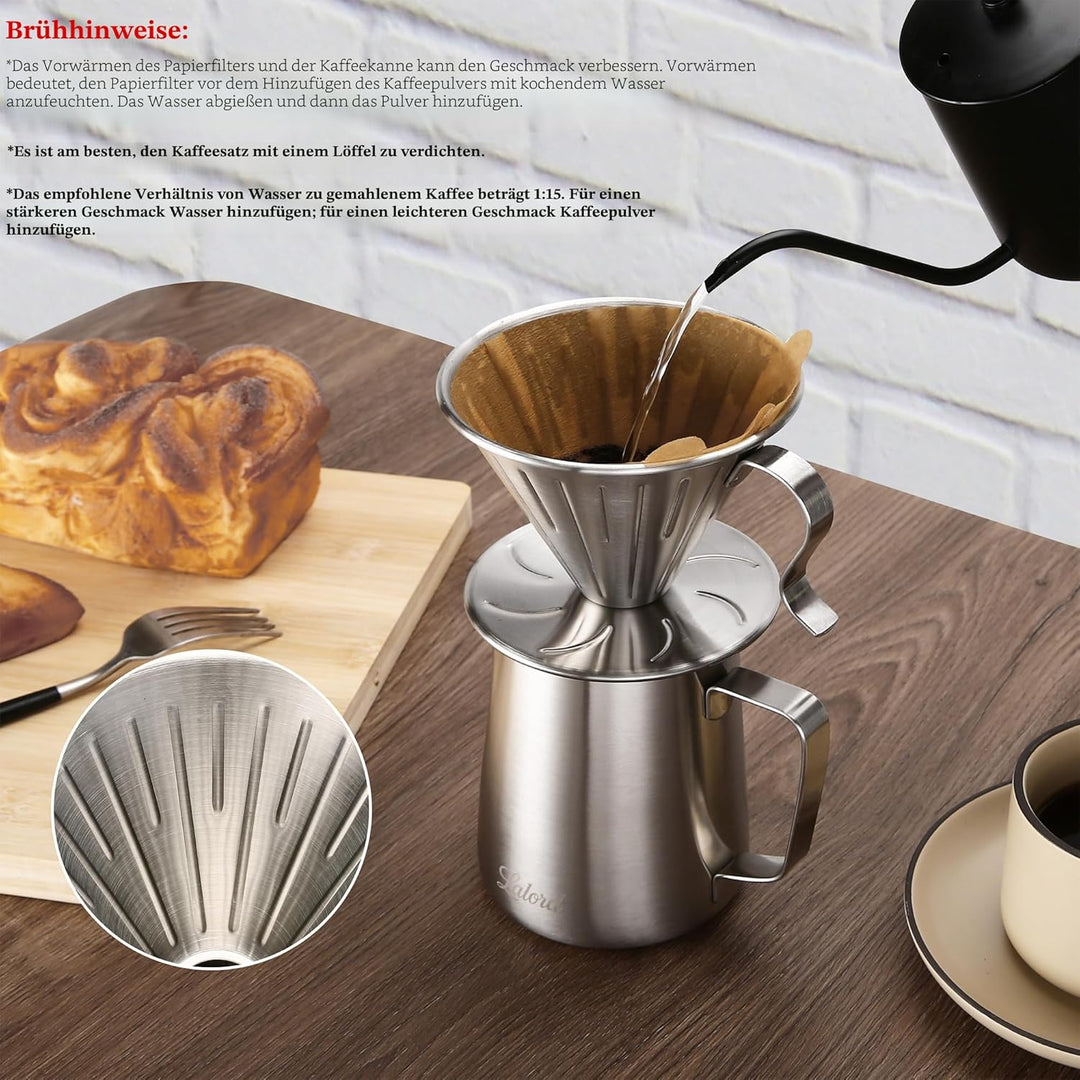 Pour Over Kaffeebereiter-Set, 304 Edelstahl, mit 100 Stück #2 Papierfilter und 600 ml Milchaufschäum
