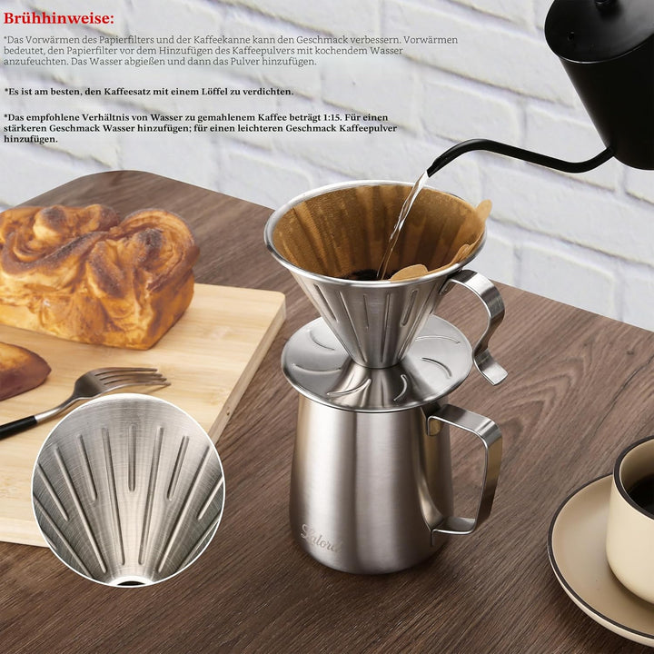 Pour Over Kaffeebereiter-Set, 304 Edelstahl, mit 100 Stück #2 Papierfilter und 600 ml Milchaufschäum