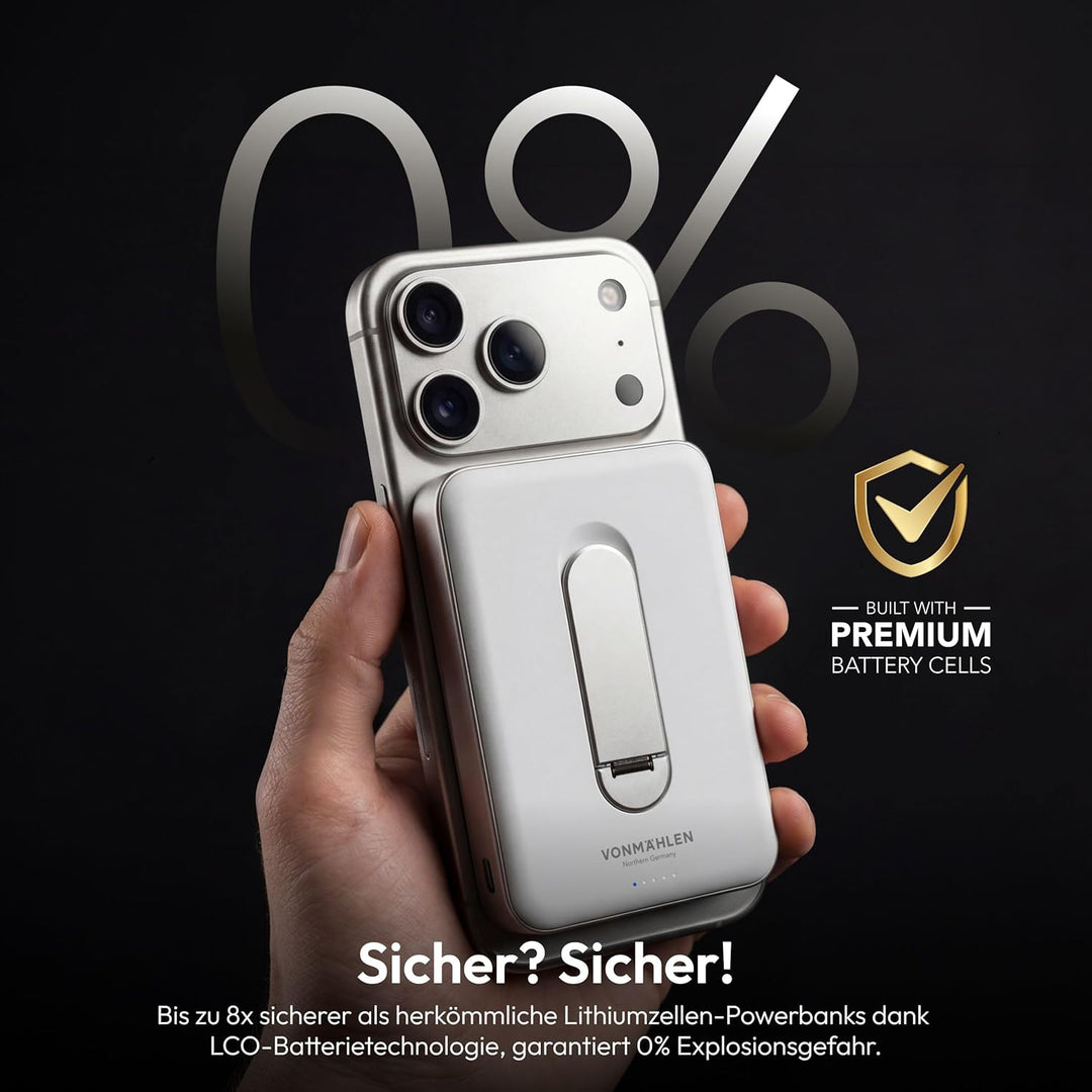 VONMÄHLEN Evergreen Mag mit Kickstand: 10.000 mAh Qi2-Powerbank kompatibel mit MagSafe – 15W kabello