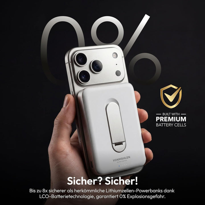 VONMÄHLEN Evergreen Mag mit Kickstand: 10.000 mAh Qi2-Powerbank kompatibel mit MagSafe – 15W kabello