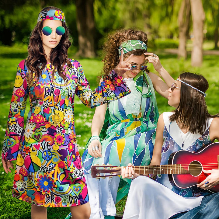 MRYUWB Damen-Hippie-Kleid, 1970er-Kostüm, mit Halskette, Ohrringen, Sonnenbrille, Disco-Outfit, 1960