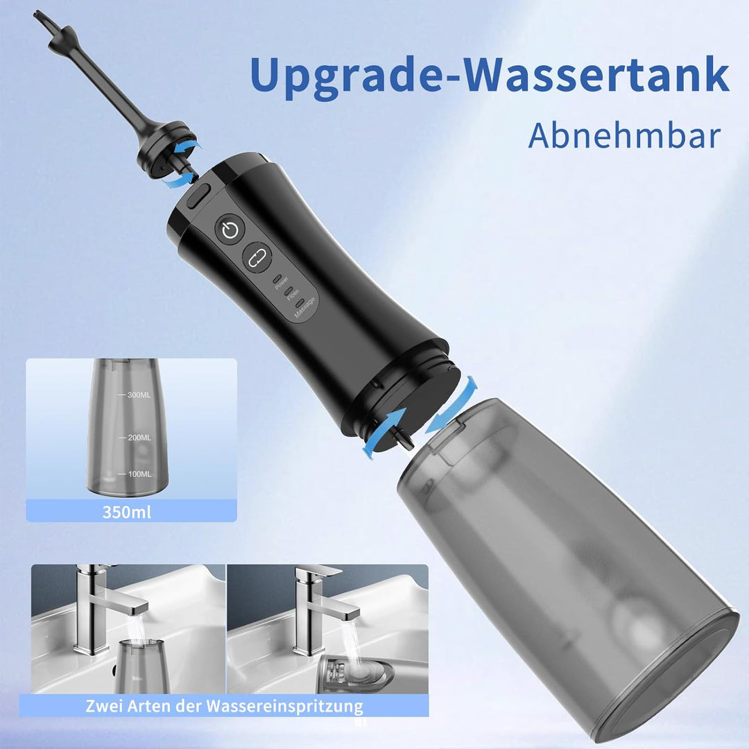 Visuell Munddusche Kabellos, IPX7 Wasserdicht, 5 Multifunktionale Jet-Tipps, 350ML WassertankTestsie