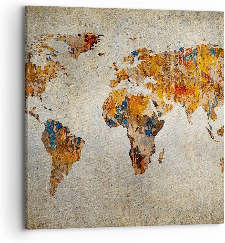 Bilder auf Leinwand 70x70cm Leinwandbild Welt Karte Kontinente Geographie Gross Wanddeko Bild Schlaf