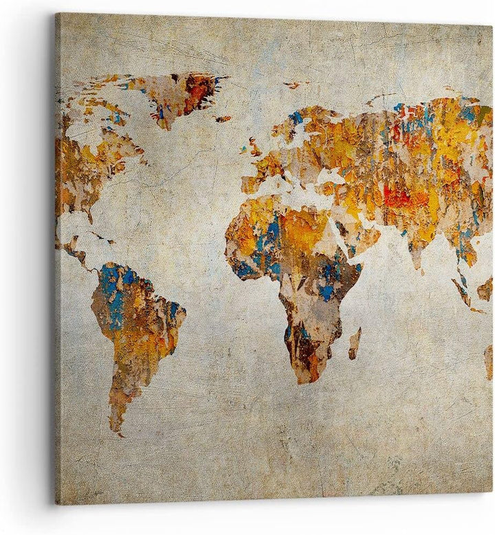 Bilder auf Leinwand 70x70cm Leinwandbild Welt Karte Kontinente Geographie Gross Wanddeko Bild Schlaf