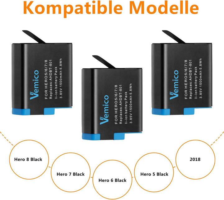 Vemico Hero 8 Akku Ladegerät Kit 3 Pack 1500 mAh ErsatzAkku 3 Kanal Ladebox Typ-C USB Mit Einem Schu