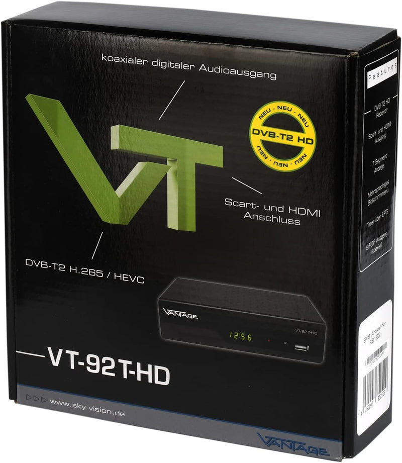 Vantage VT-92 T-HD Receiver (DVB T2, HEVC, Display, USB, HDMI, SCART, Mediaplayer) schwarz Single, S