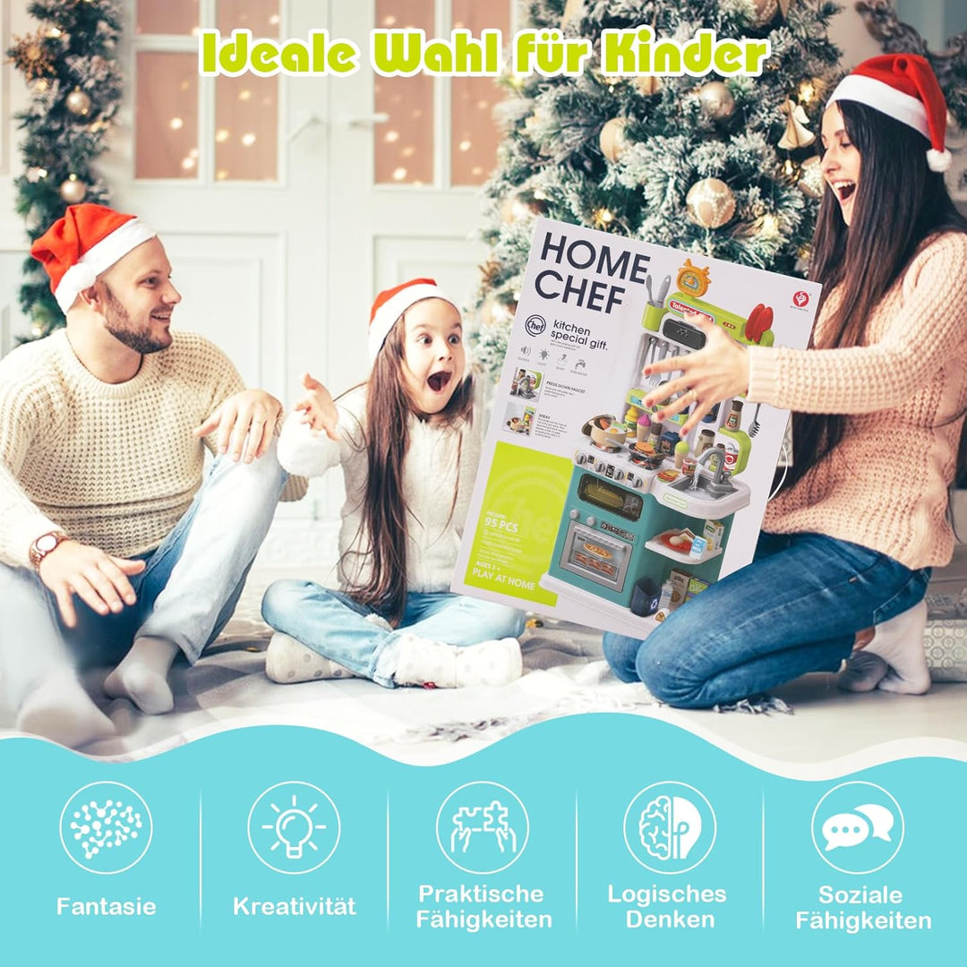 COSTWAY Kinderküche mit 95 Zubehör, Spielküche mit Licht, Sound & Dampf, Kinder Küche mit Kochherd,