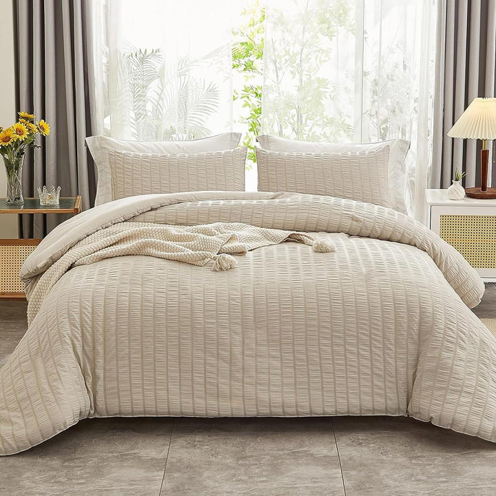 Freyamy Seersucker Bettwäsche 200x200cm 3teilig Beige Geprägt Streifen Strukturiert Bettwaren-Sets U